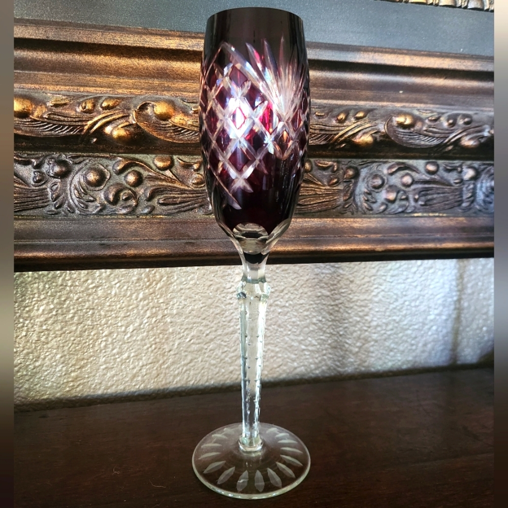 Antique Ruby Bohemian Crystal Champagne Flute